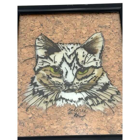 Vintage Reverse Painted Cat on Glass Framed with Cork Backing Singed Valerie - Picture 2 of 7